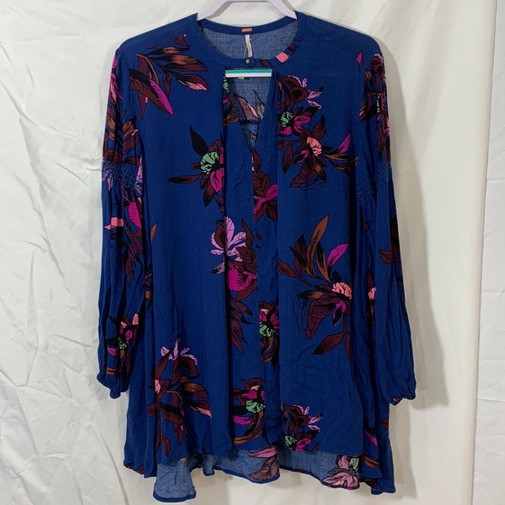 Free People Blue Floral Tunic Swing Dress Side Pockets